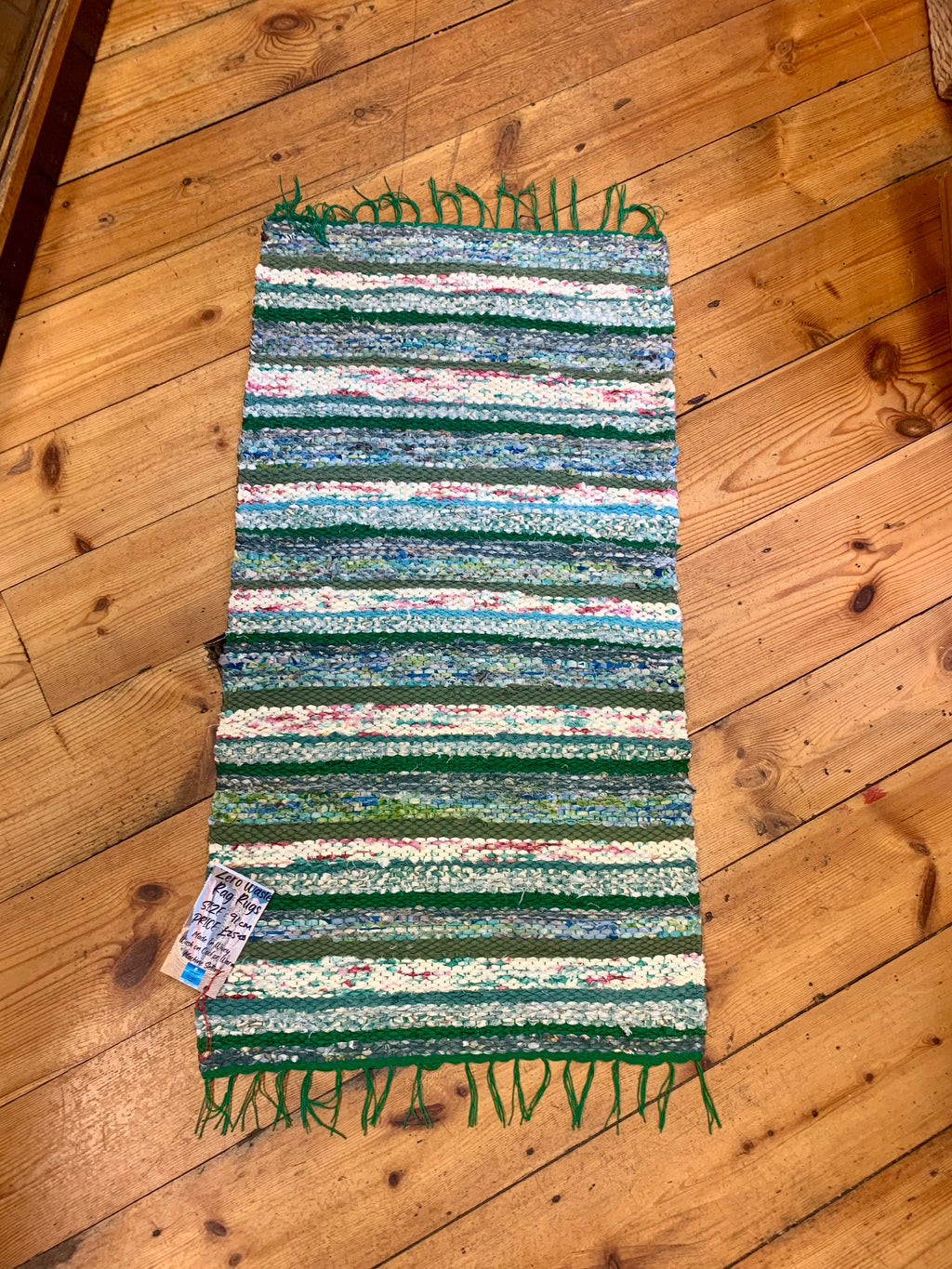 Handwoven Rag Rug, Zero Waste, Green/Pink