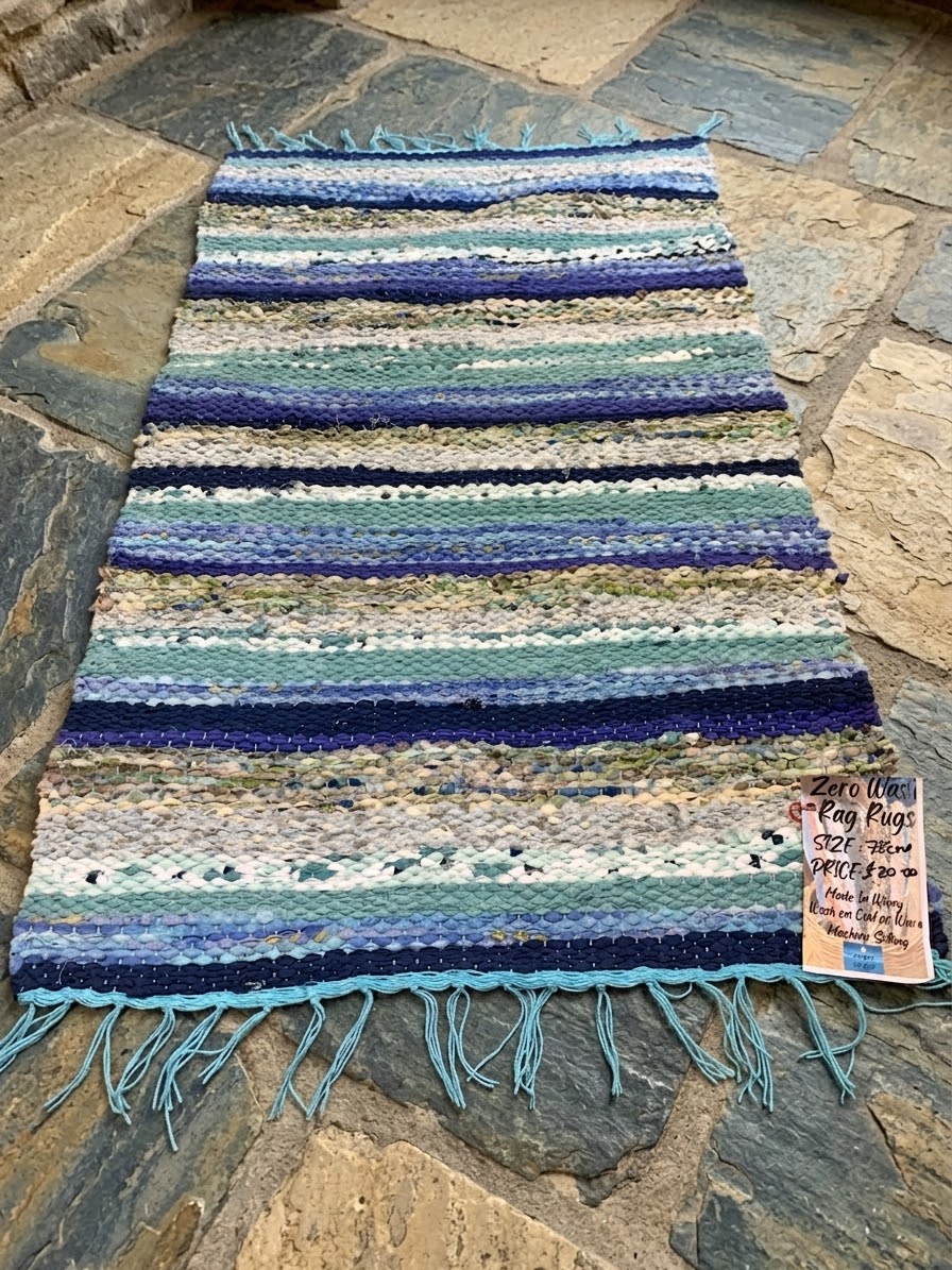 Hand Woven Rag Rug, Blue/Green