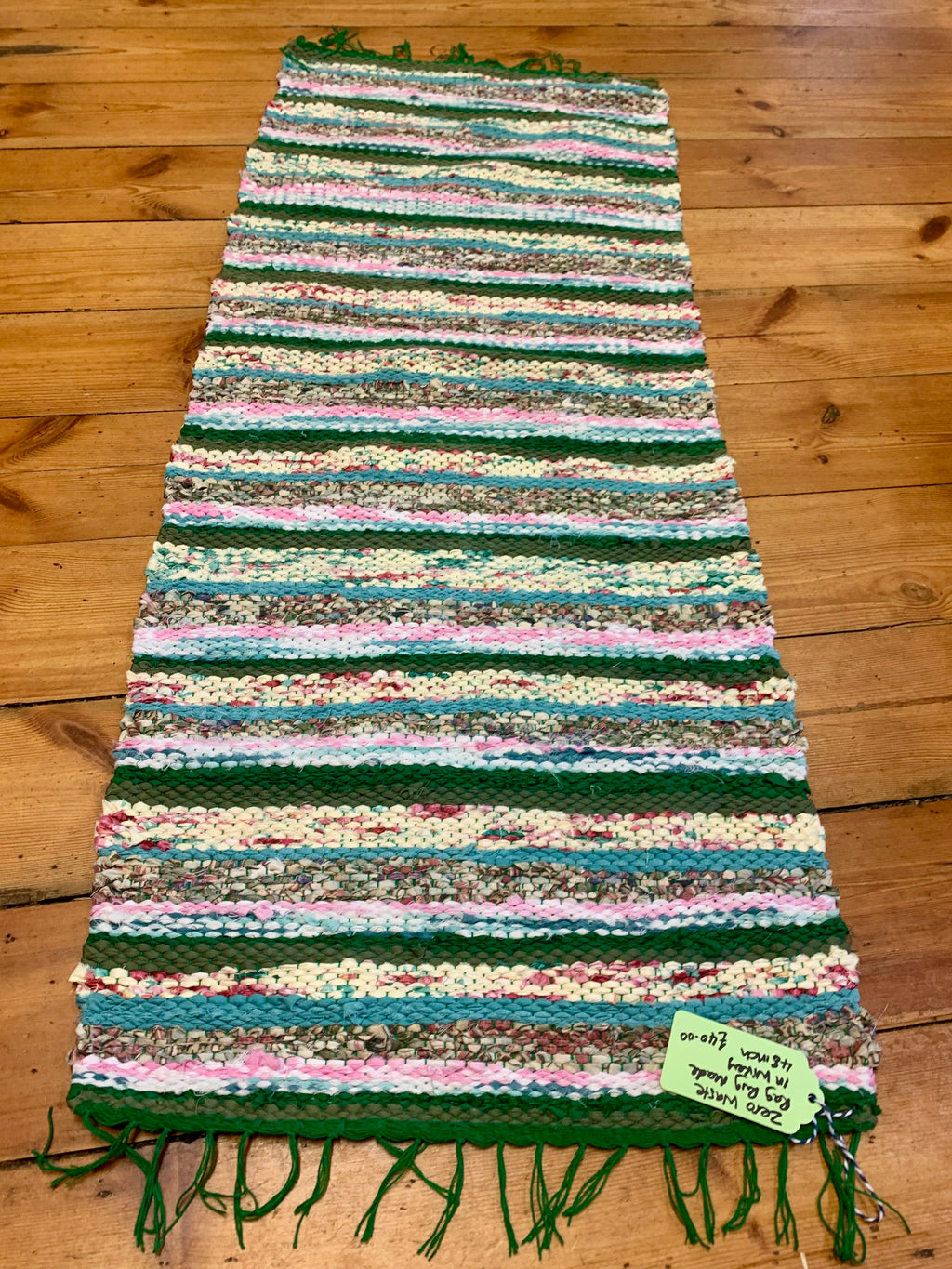 Handwoven Green/Pink Rag Rug, Zero Waste