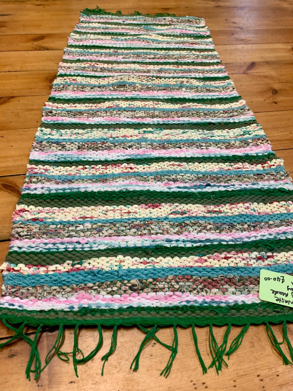 Handwoven Green/Pink Rag Rug, Zero Waste