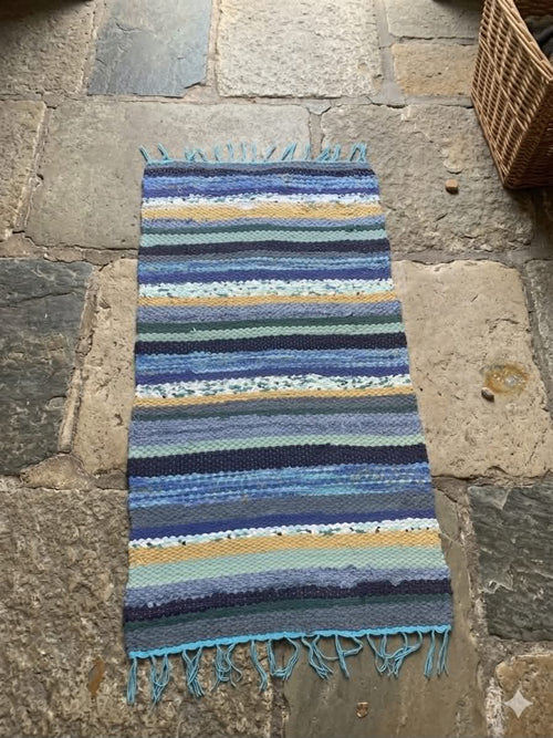 Handwoven Recycled Rag Rug - zero waste- blue/yellow