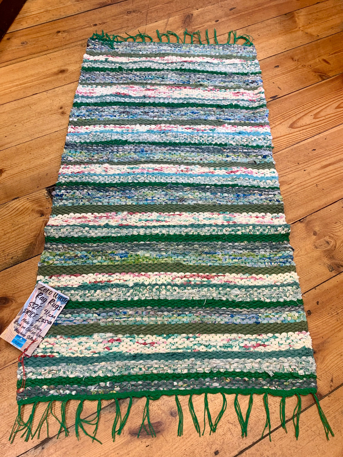 Handwoven Rag Rug, Zero Waste, Green/Pink