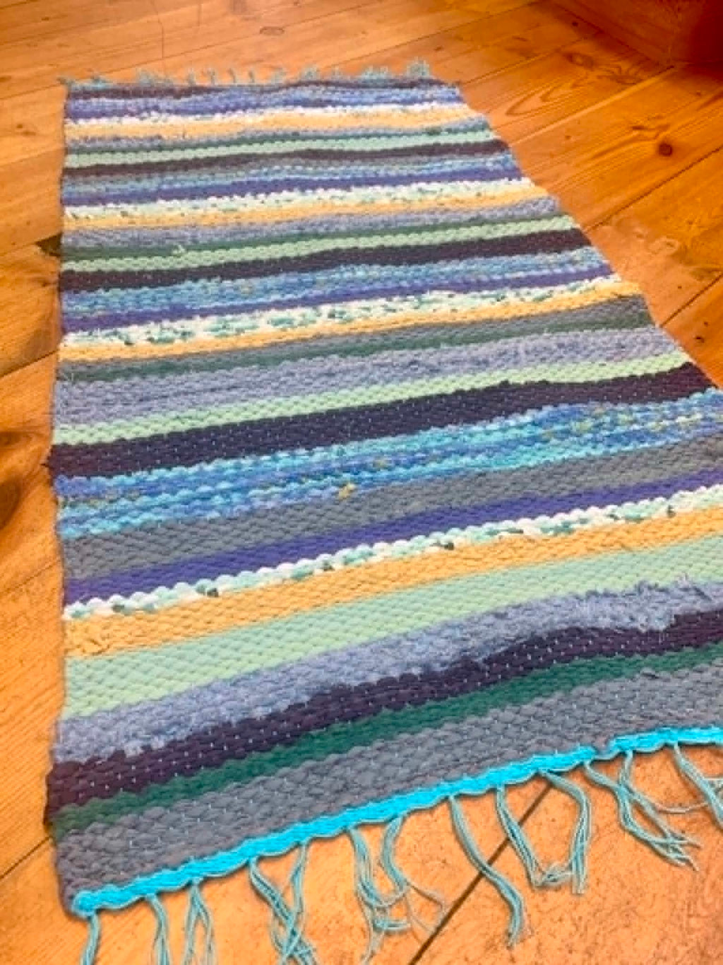 Handwoven Recycled Rag Rug - zero waste- blue/yellow