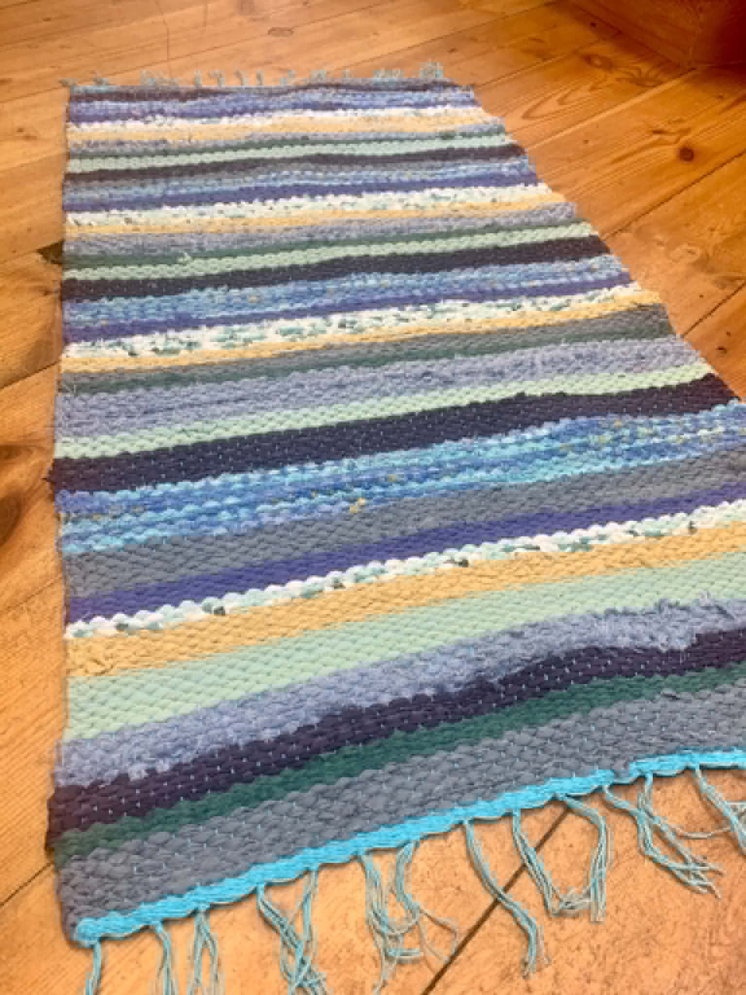 Handwoven Recycled Rag Rug - zero waste- blue/yellow
