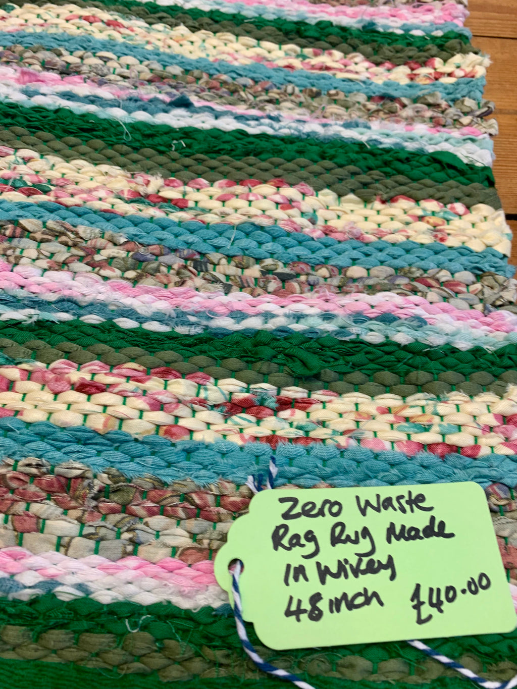 Handwoven Green/Pink Rag Rug, Zero Waste