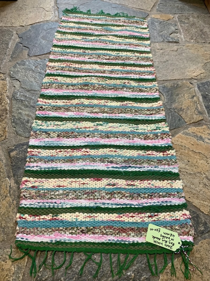 Handwoven Green/Pink Rag Rug, Zero Waste