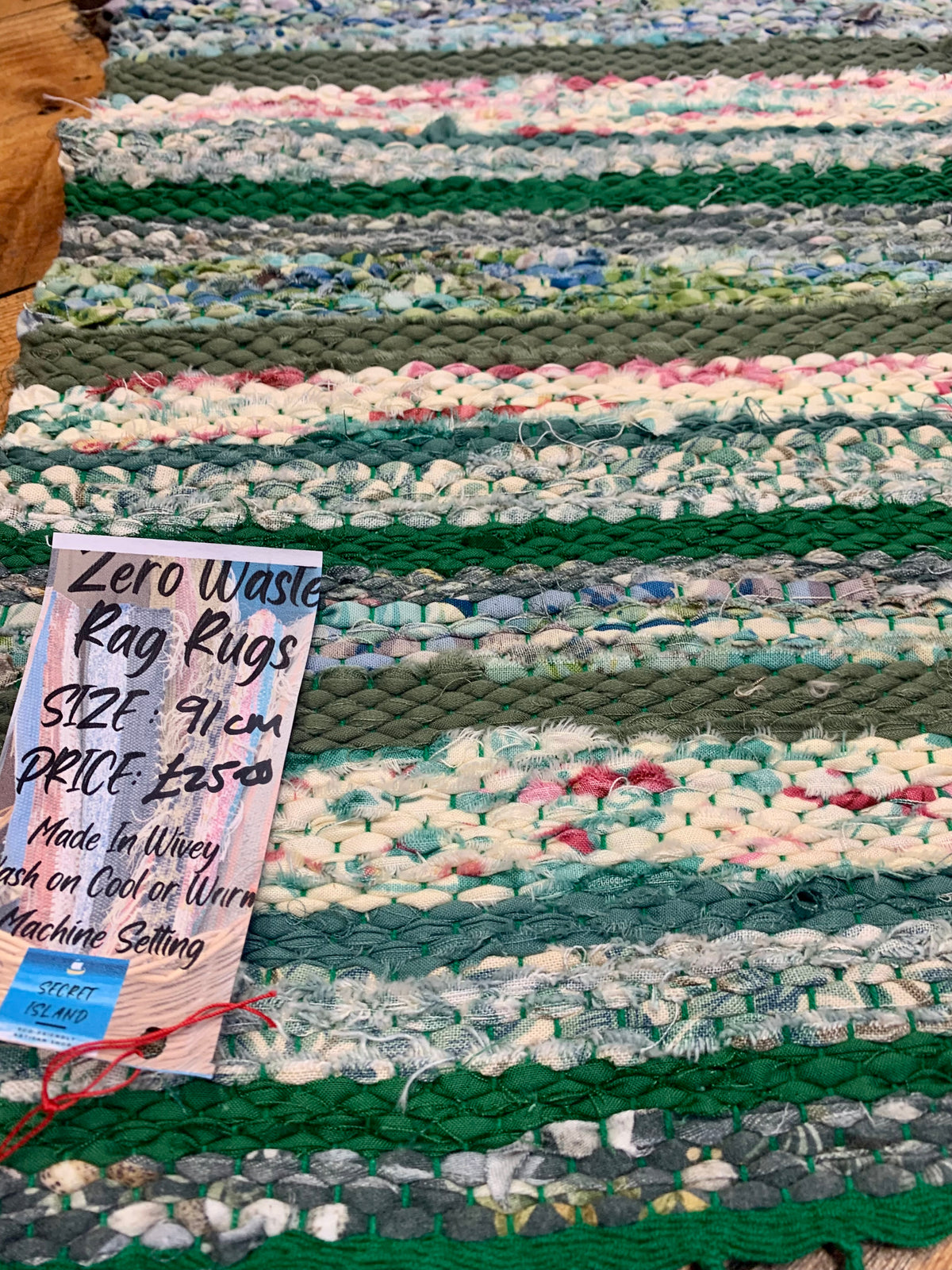 Handwoven Rag Rug, Zero Waste, Green/Pink