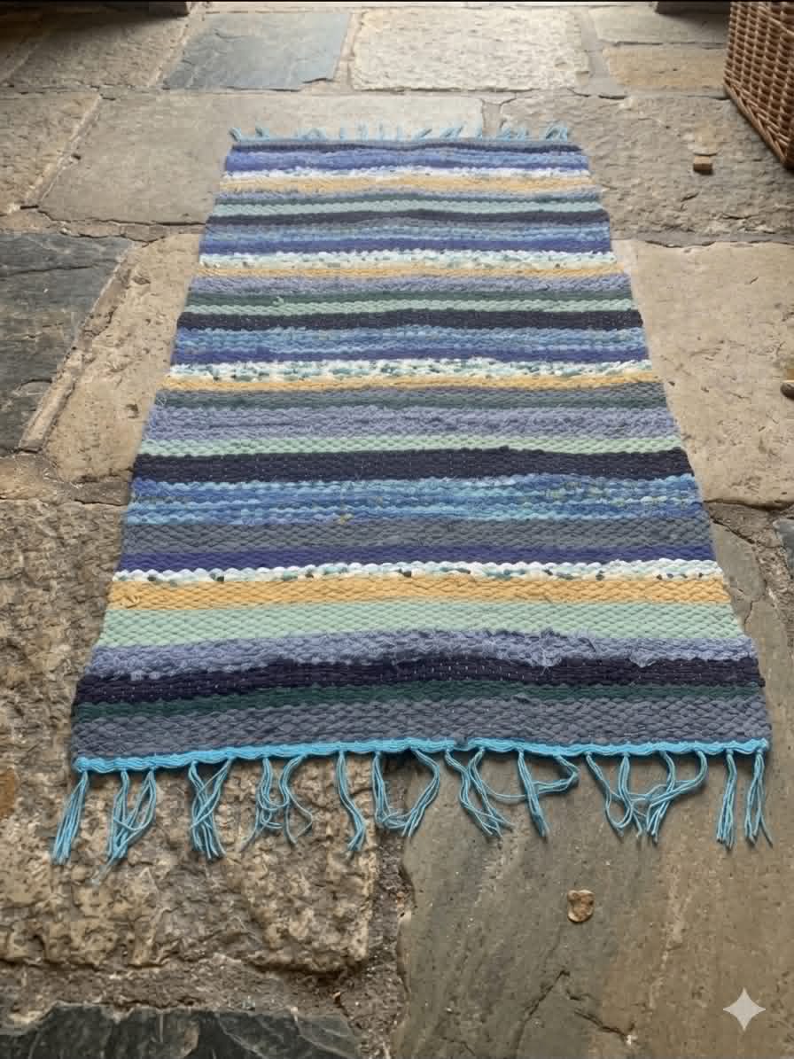 Handwoven Recycled Rag Rug - zero waste- blue/yellow