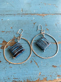 Sterling Silver Hammered Hoop Earrings With Blue Striped Bead