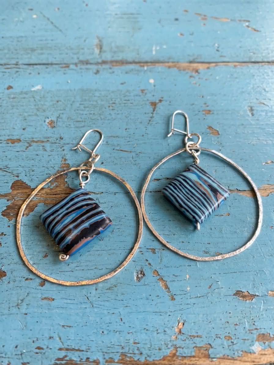 Sterling Silver Hammered Hoop Earrings With Blue Striped Bead