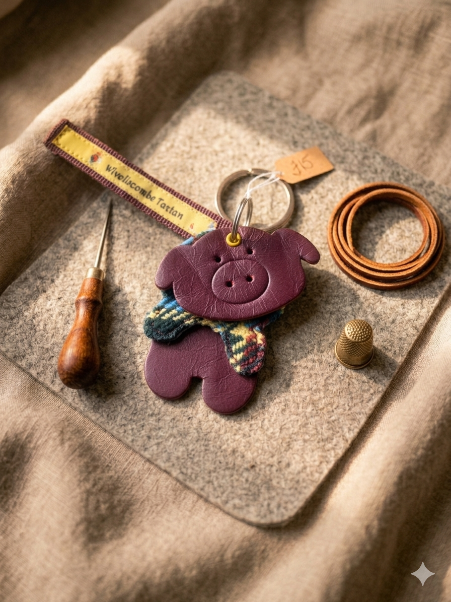 Leather Piggy Keyring Featuring Wiveliscombe Tartan