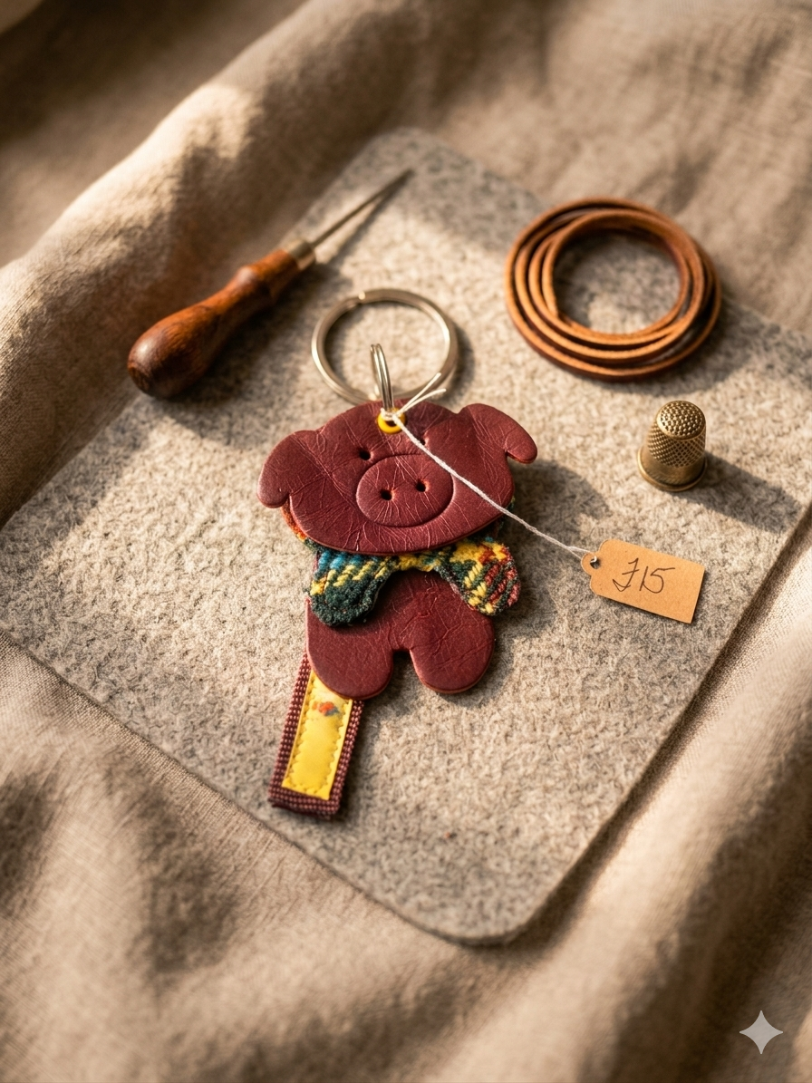 Leather Piggy Keyring Featuring Wiveliscombe Tartan