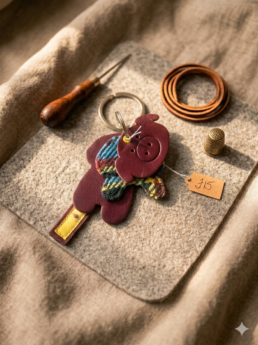 Leather Piggy Keyring Featuring Wiveliscombe Tartan